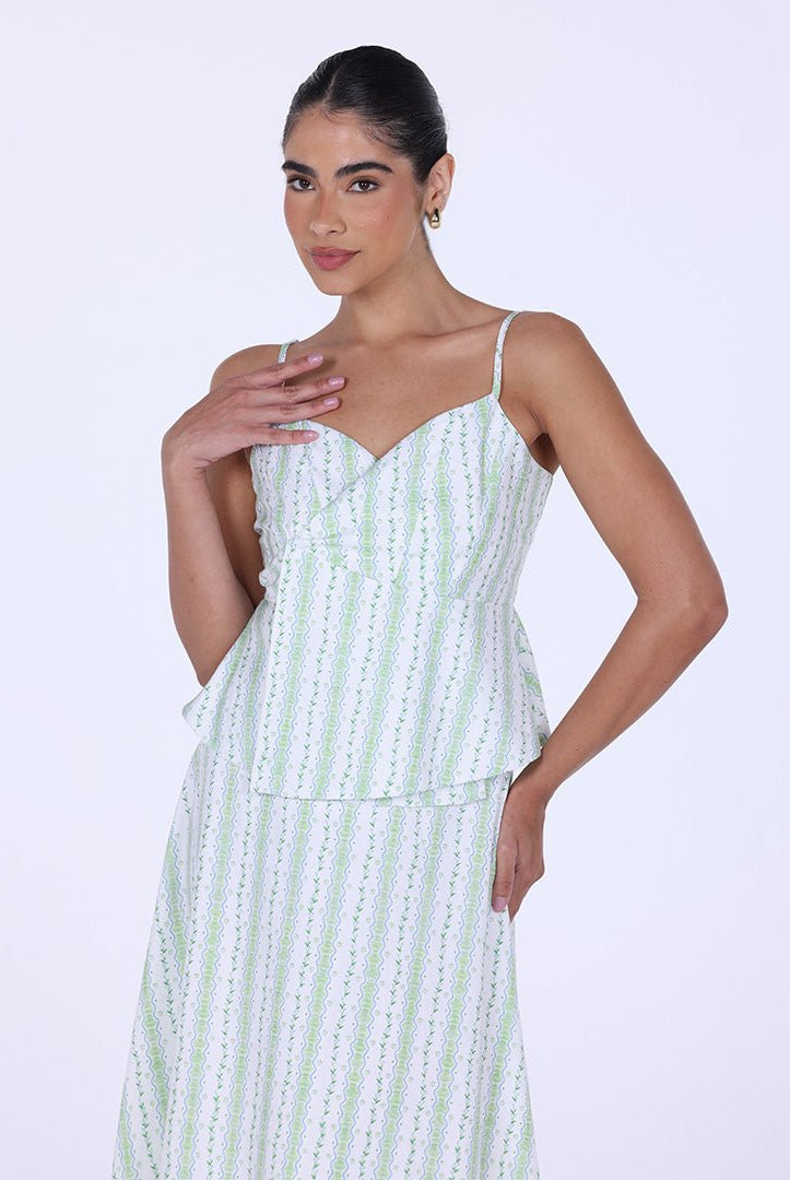 Flared Twill Printed Top with Hidden Buttons - shopaleena