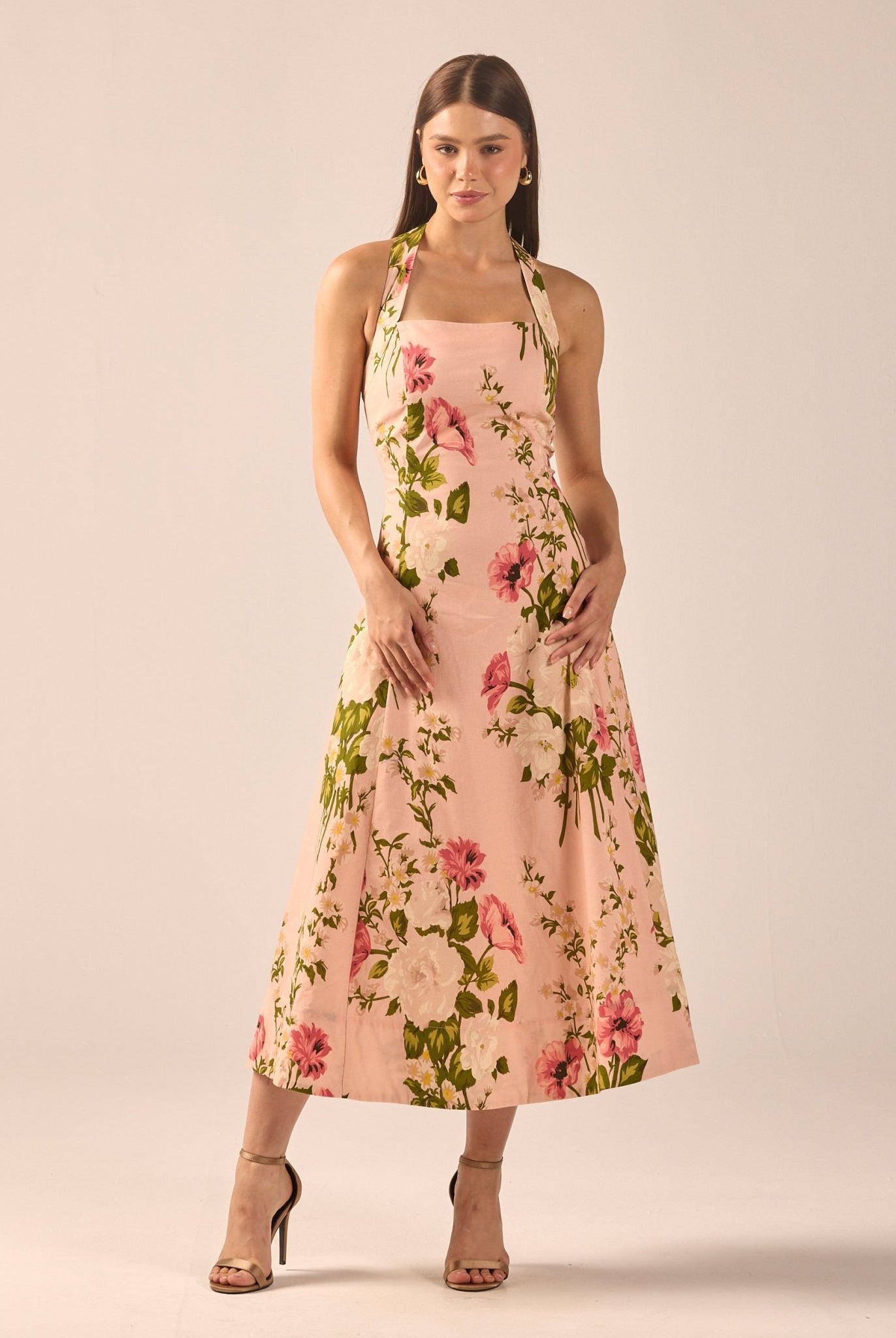 Floral Halter Linen Blend Midi Dress - shopaleena