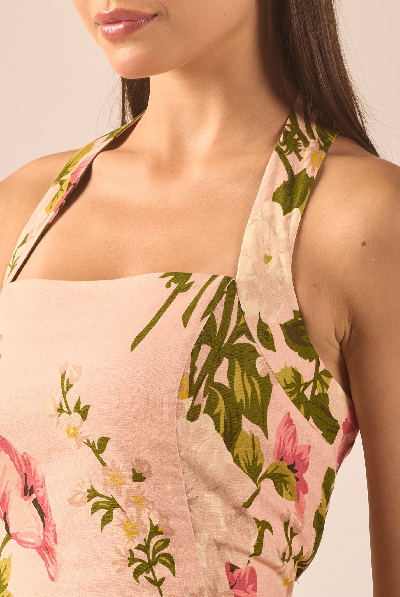 Floral Halter Linen Blend Midi Dress - shopaleena