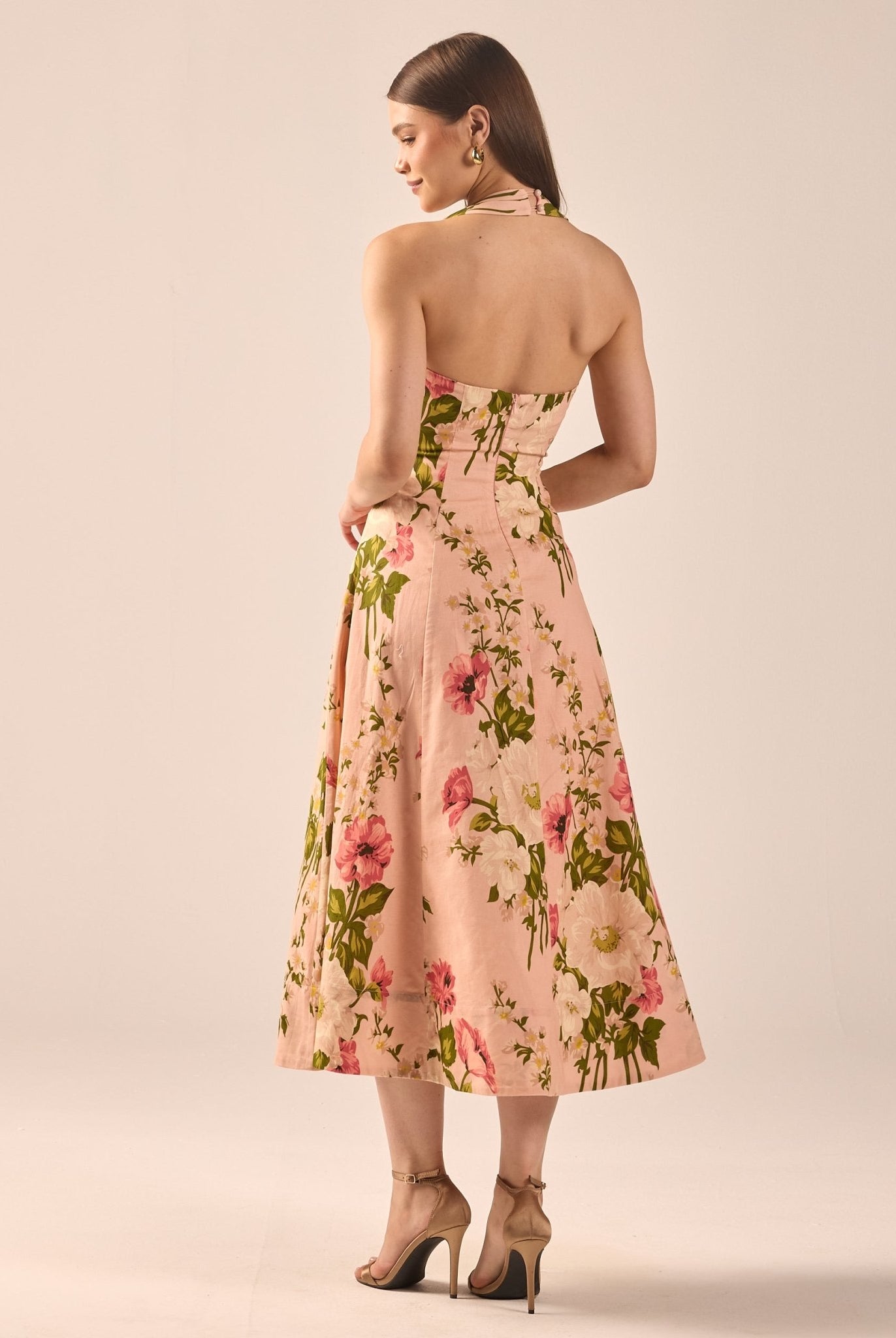 Floral Halter Linen Blend Midi Dress - shopaleena