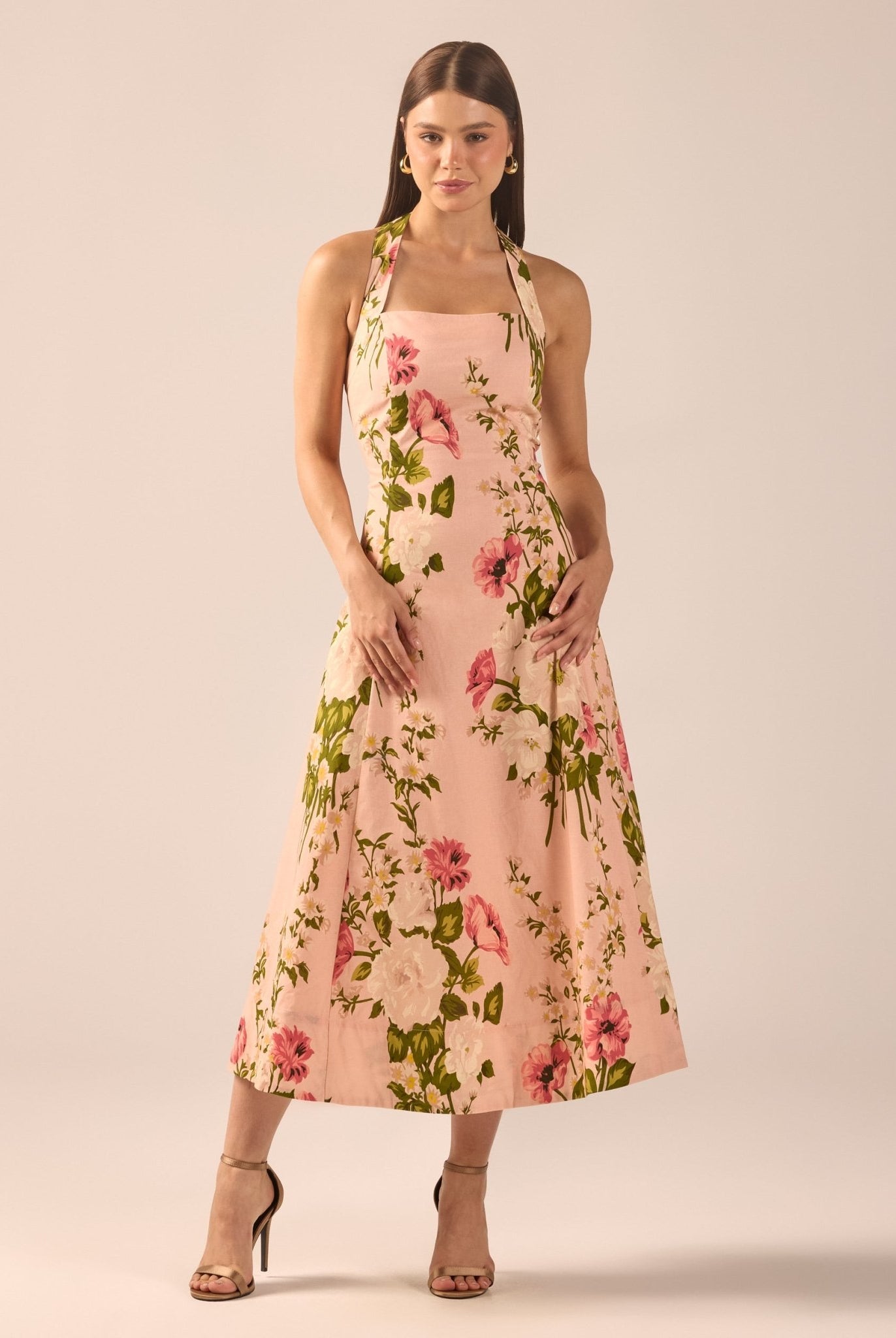 Floral Halter Linen Blend Midi Dress - shopaleena