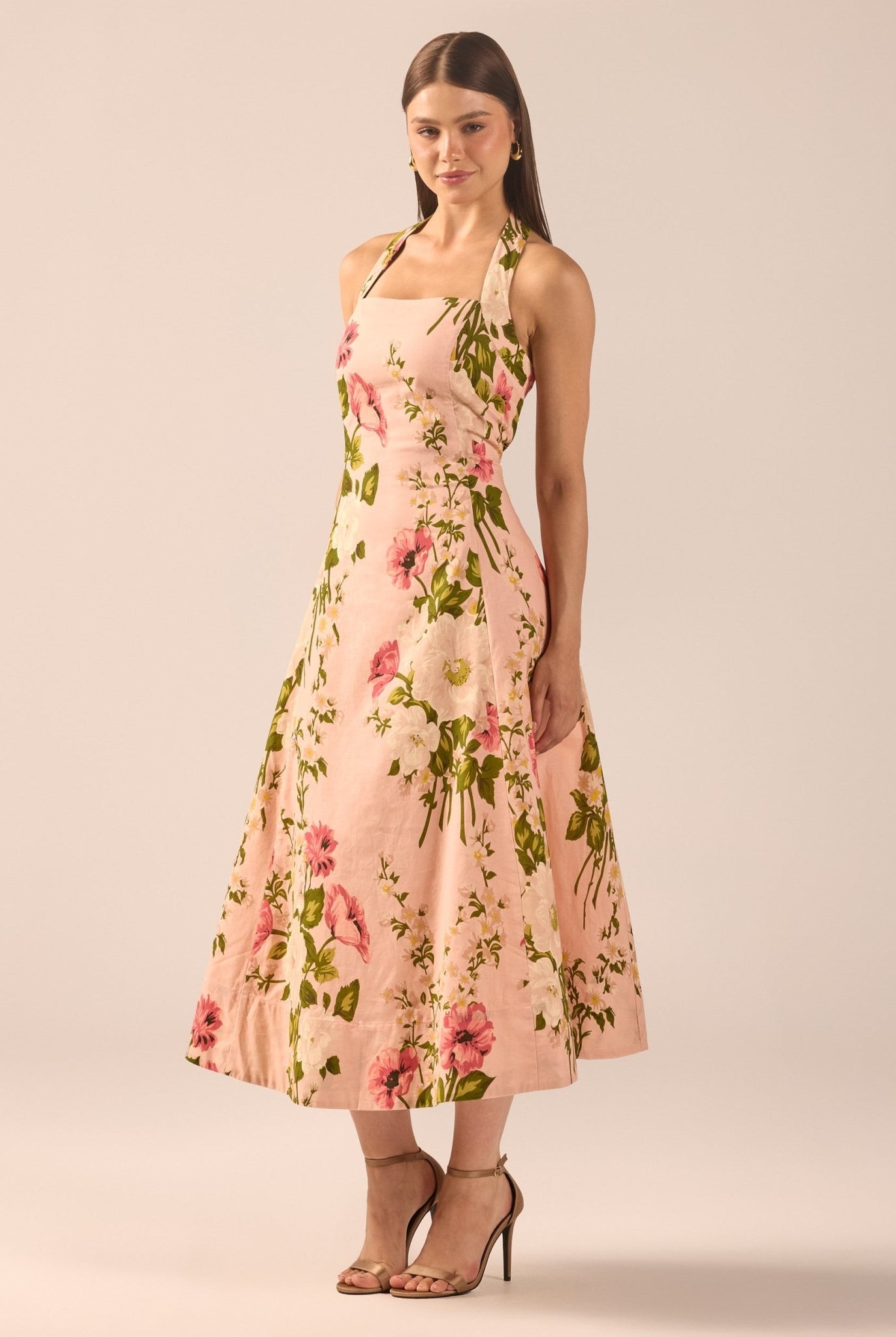 Floral Halter Linen Blend Midi Dress - shopaleena