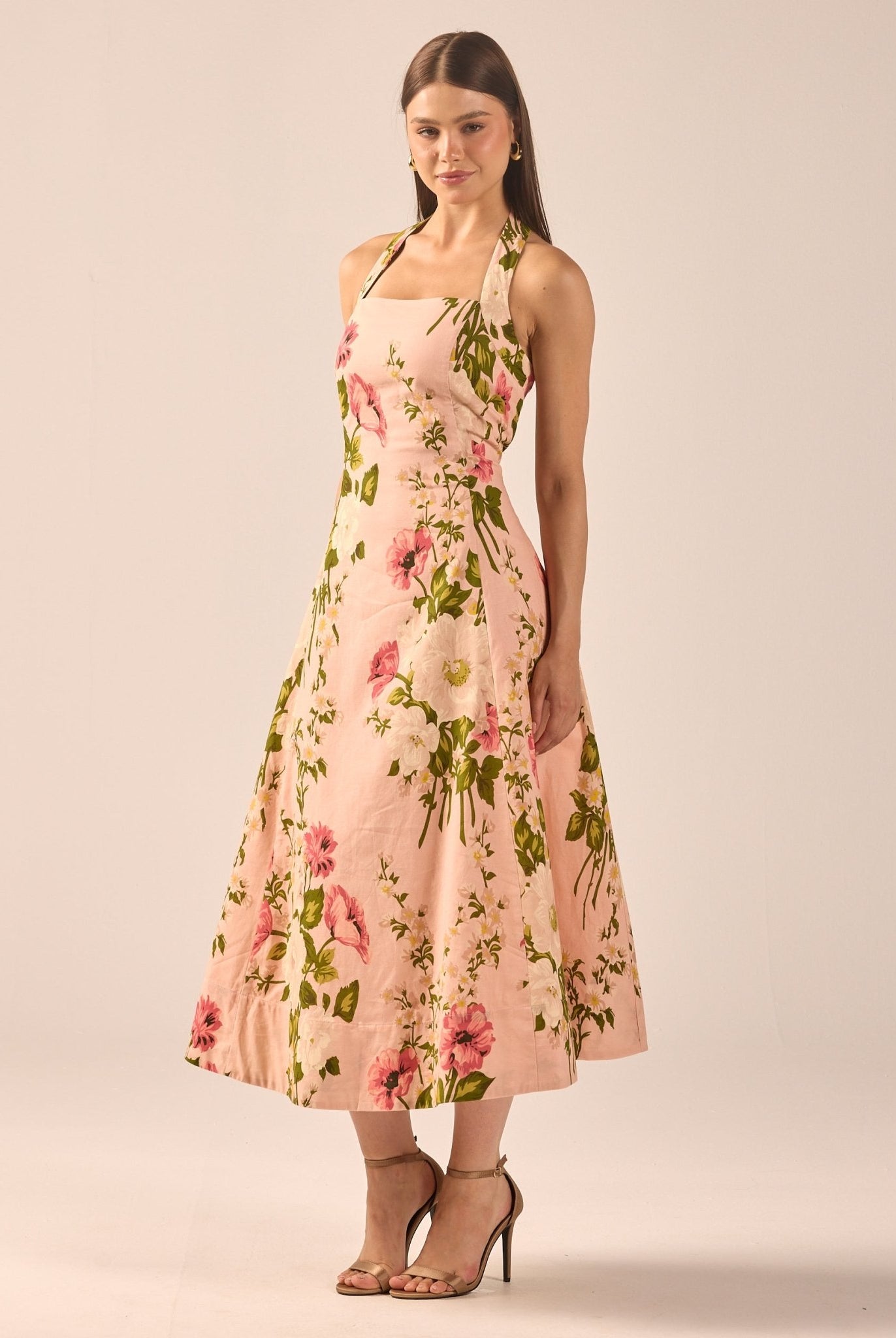 Floral Halter Linen Blend Midi Dress - shopaleena