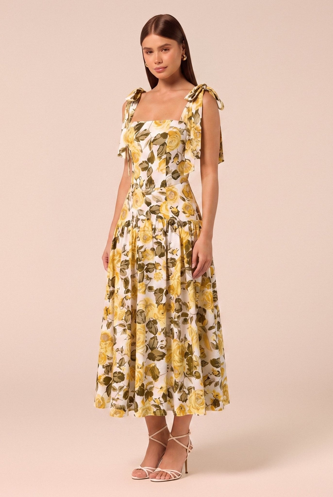 Floral Tie-strap Linen Midi Dress - shopaleena