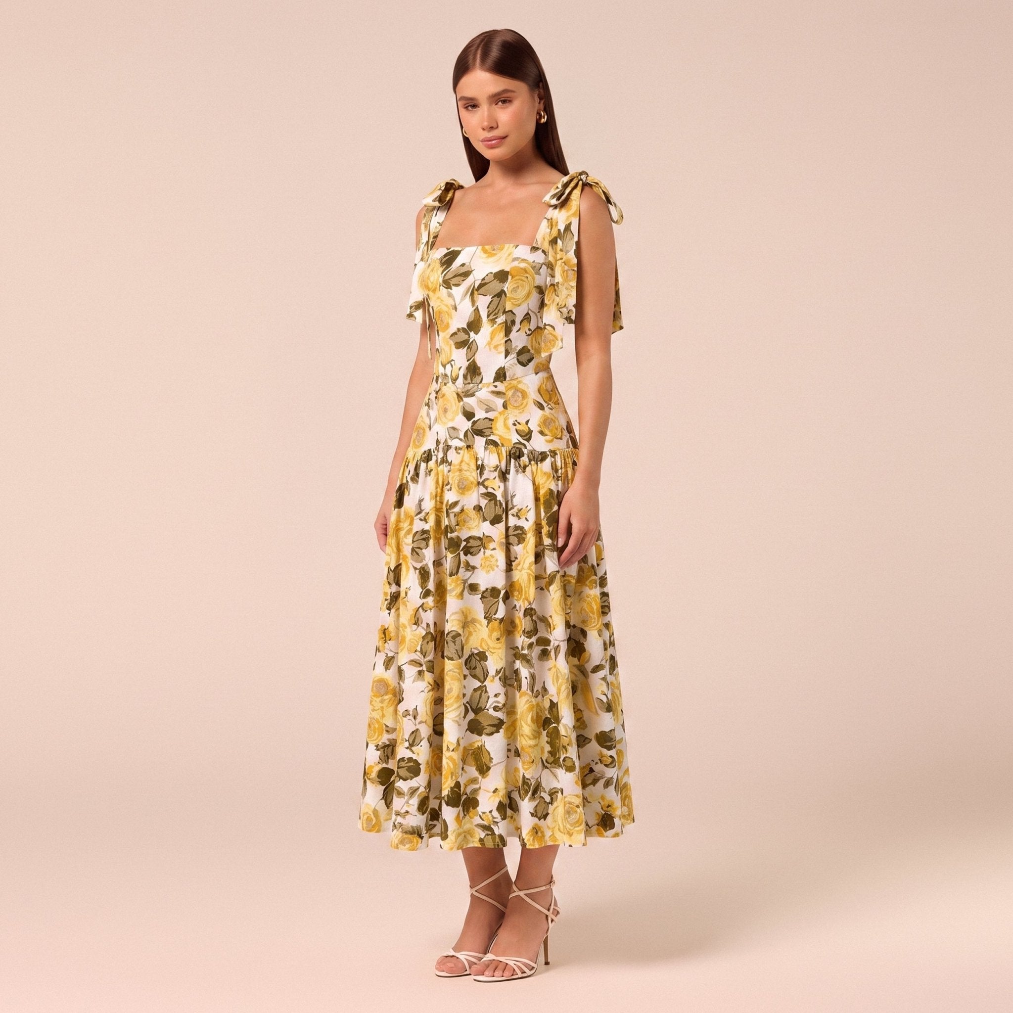 Floral Tie-strap Linen Midi Dress - shopaleena