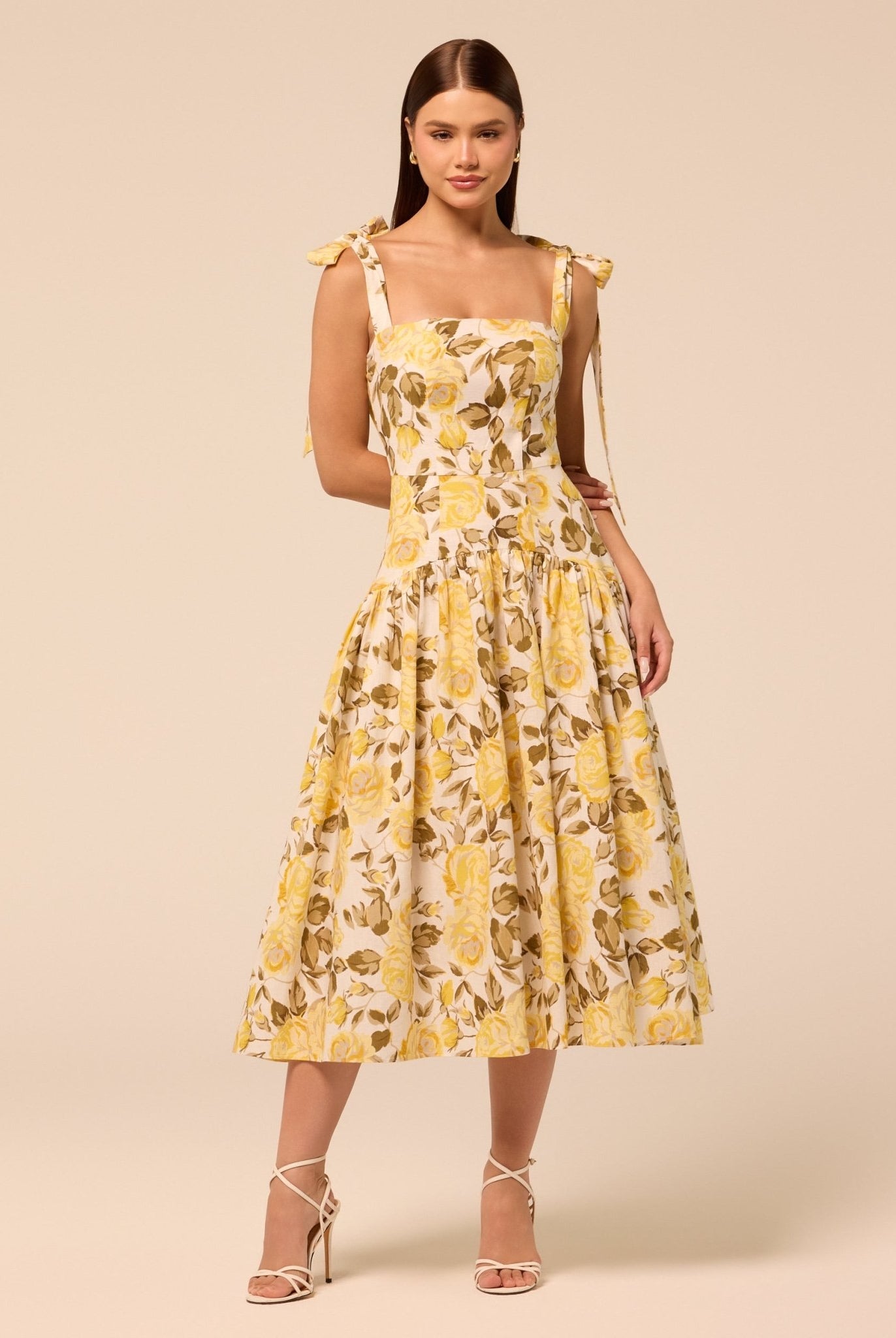 Floral Tie-strap Linen Midi Dress - shopaleena