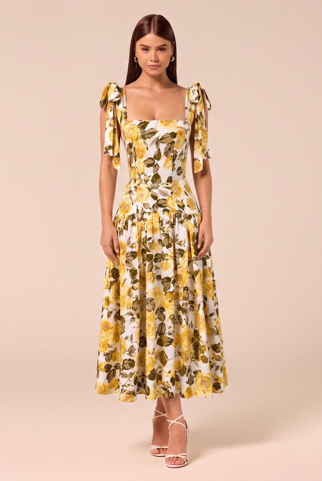Floral Tie-strap Linen Midi Dress - shopaleena