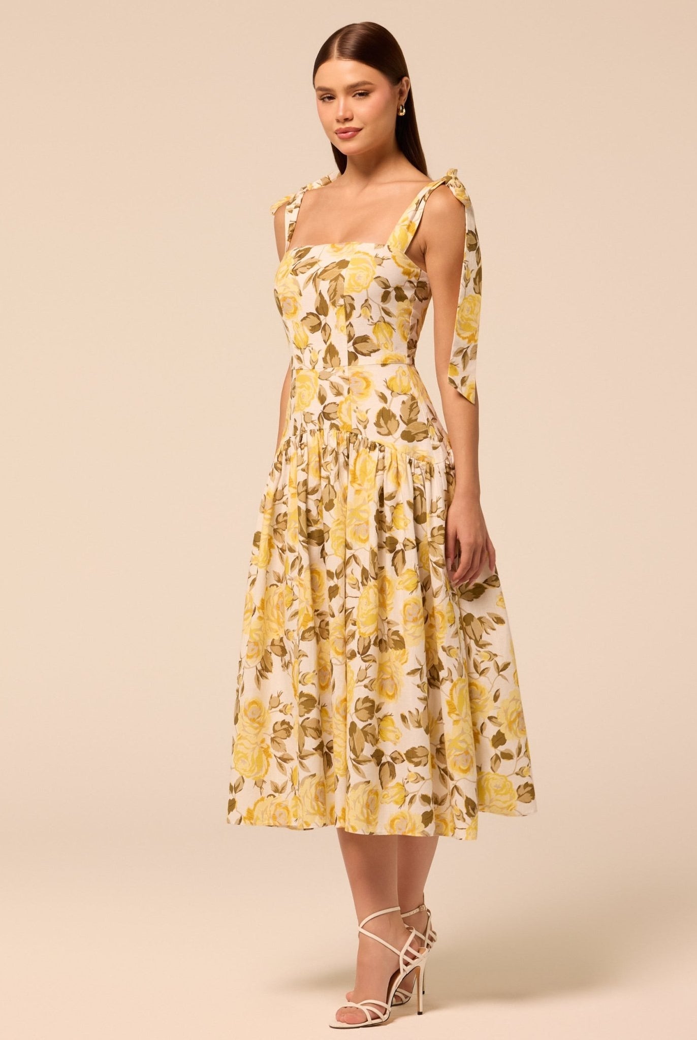 Floral Tie-strap Linen Midi Dress - shopaleena