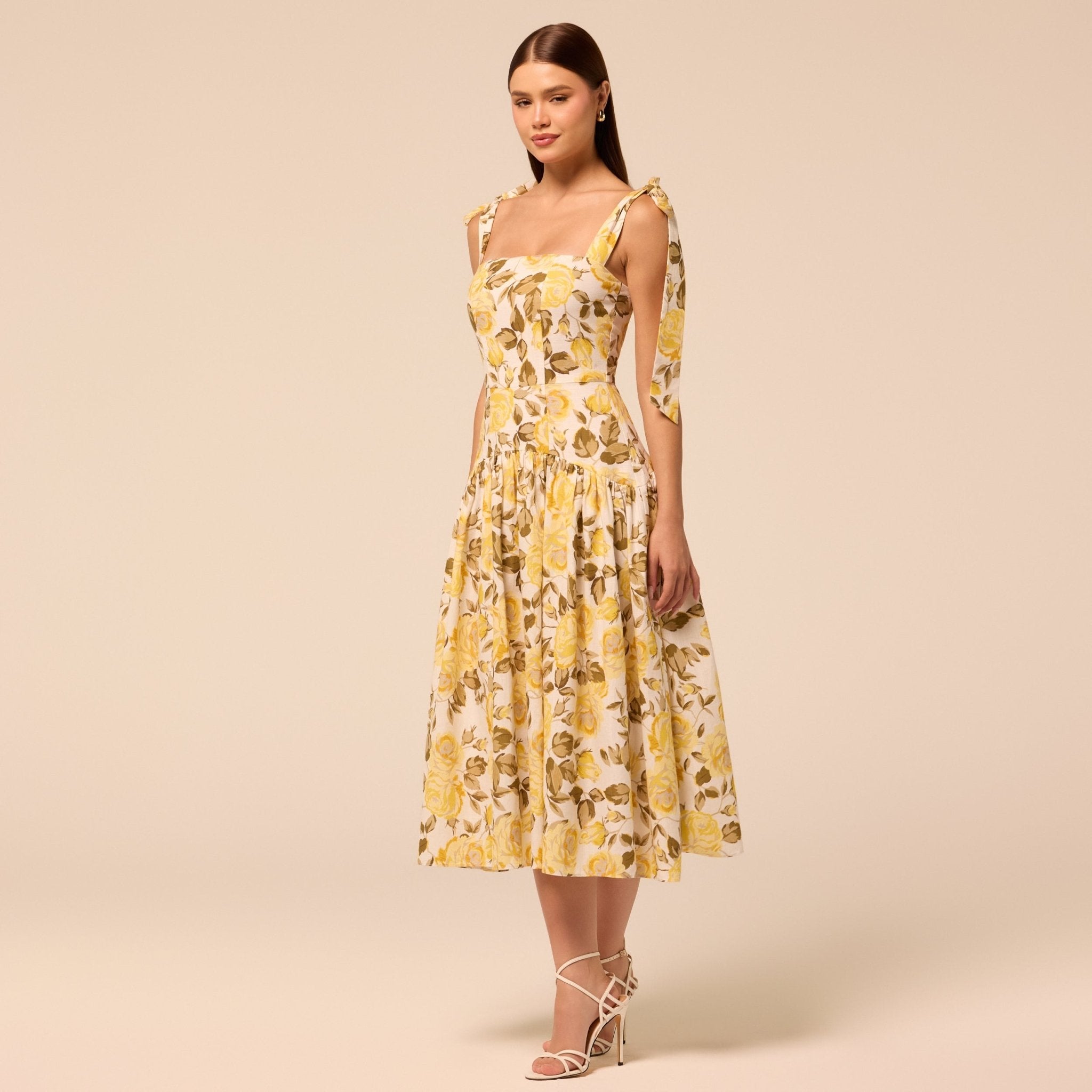 Floral Tie-strap Linen Midi Dress - shopaleena