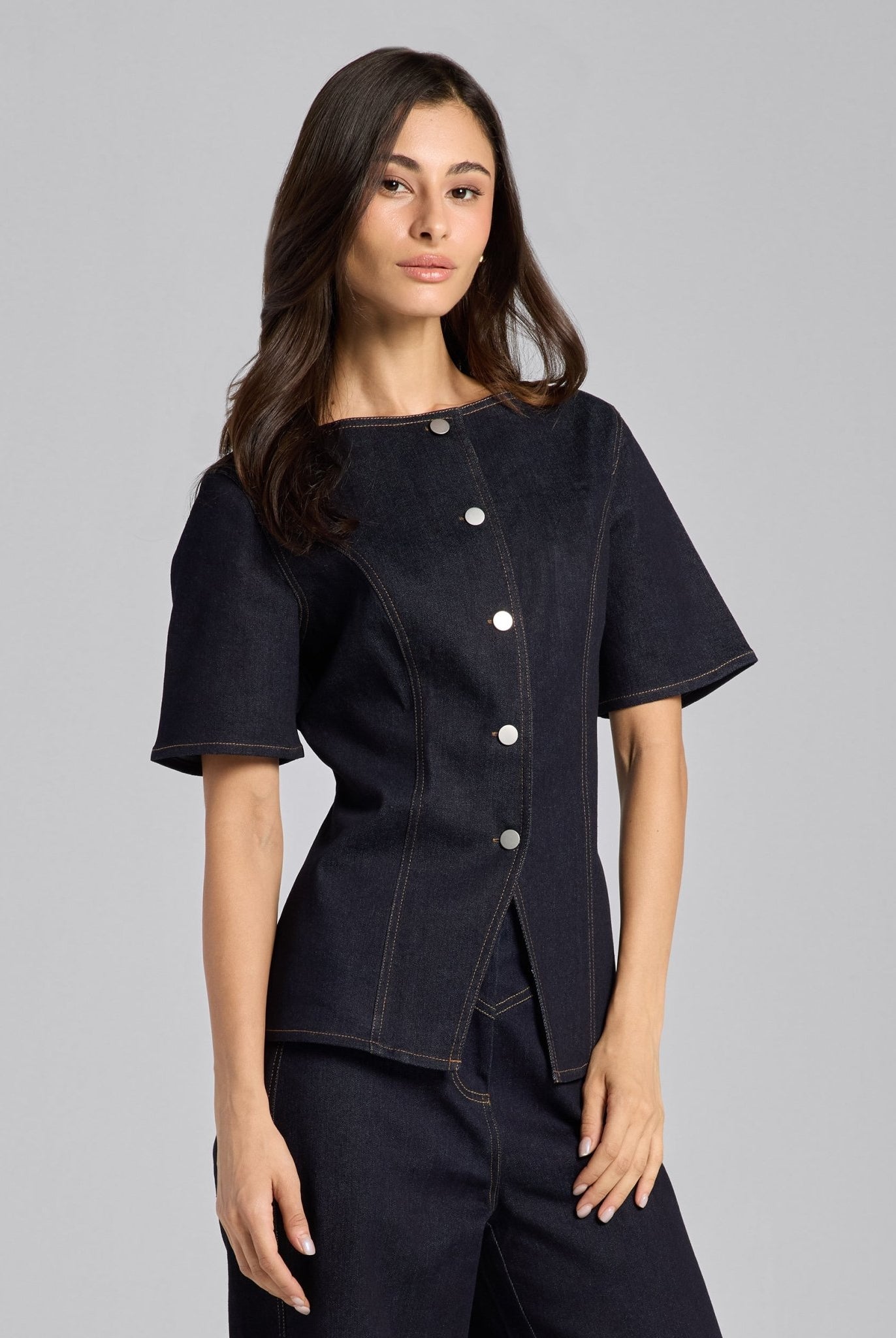 Front Slit Button Denim Top - shopaleena