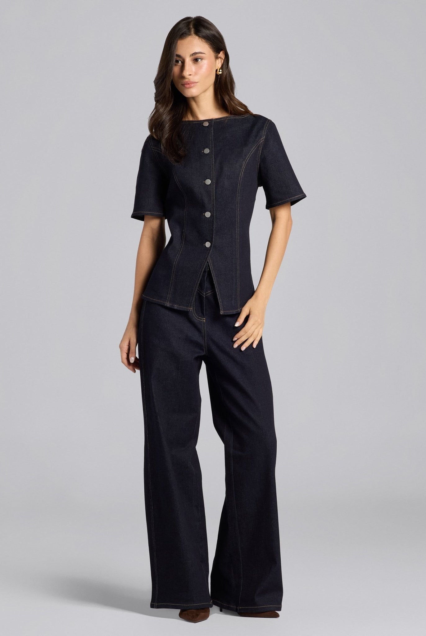 Front Slit Button Denim Top - shopaleena