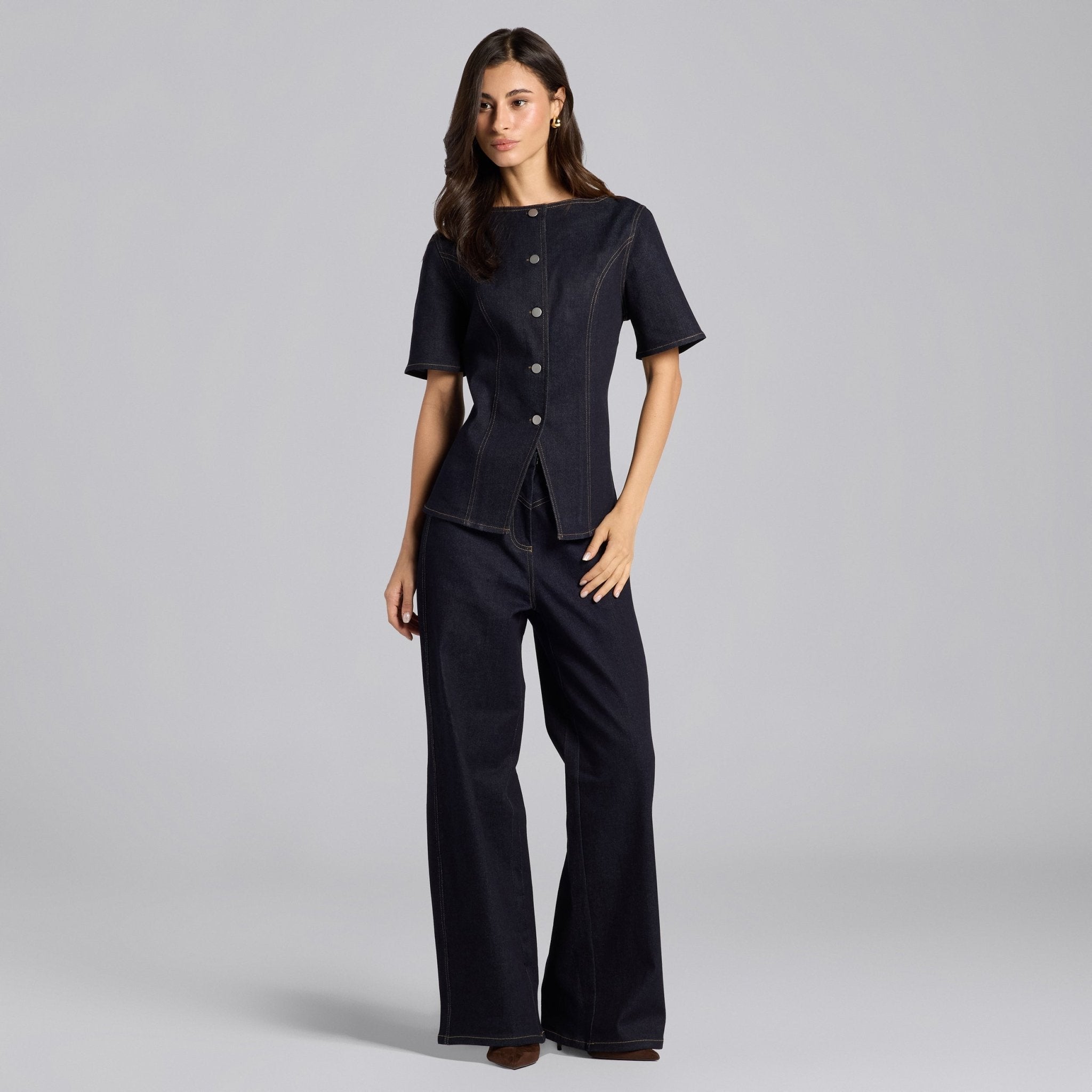 Front Slit Button Denim Top - shopaleena