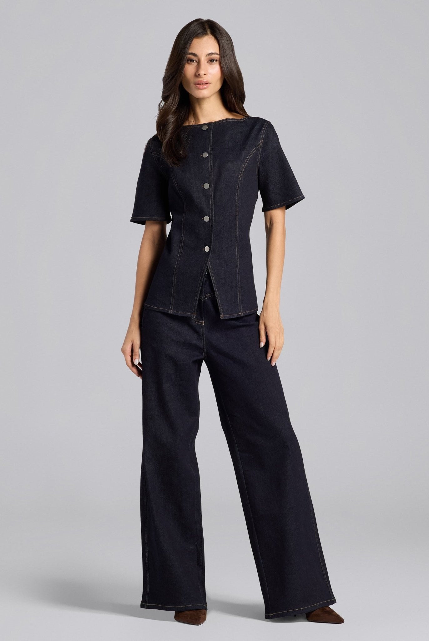 Front Slit Button Denim Top - shopaleena