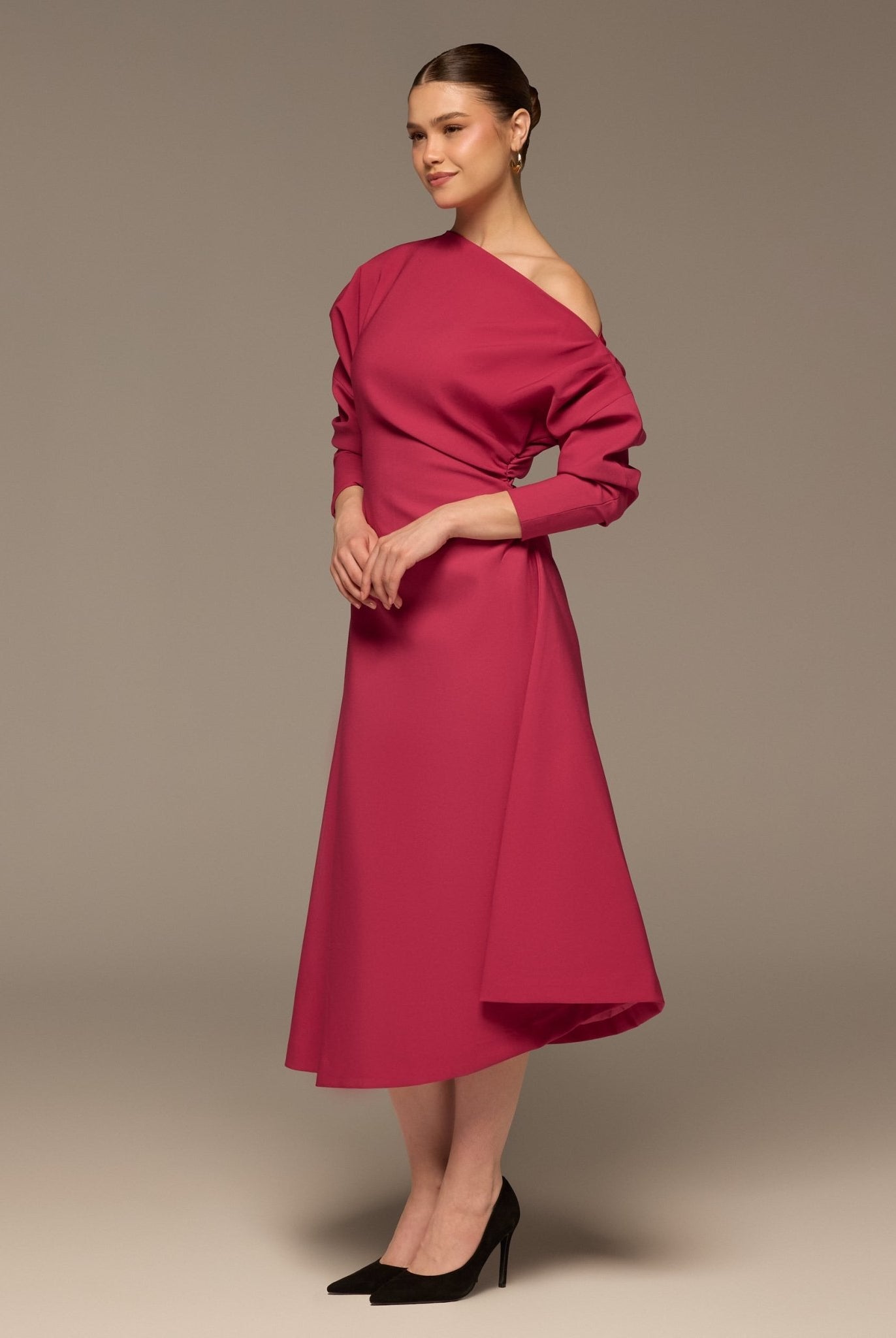 Fuchsia Asymmetric Off Shoulder Maxi Dress - shopaleena