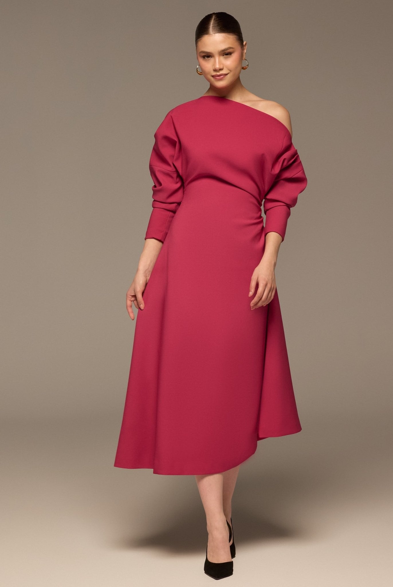 Fuchsia Asymmetric Off Shoulder Maxi Dress - shopaleena