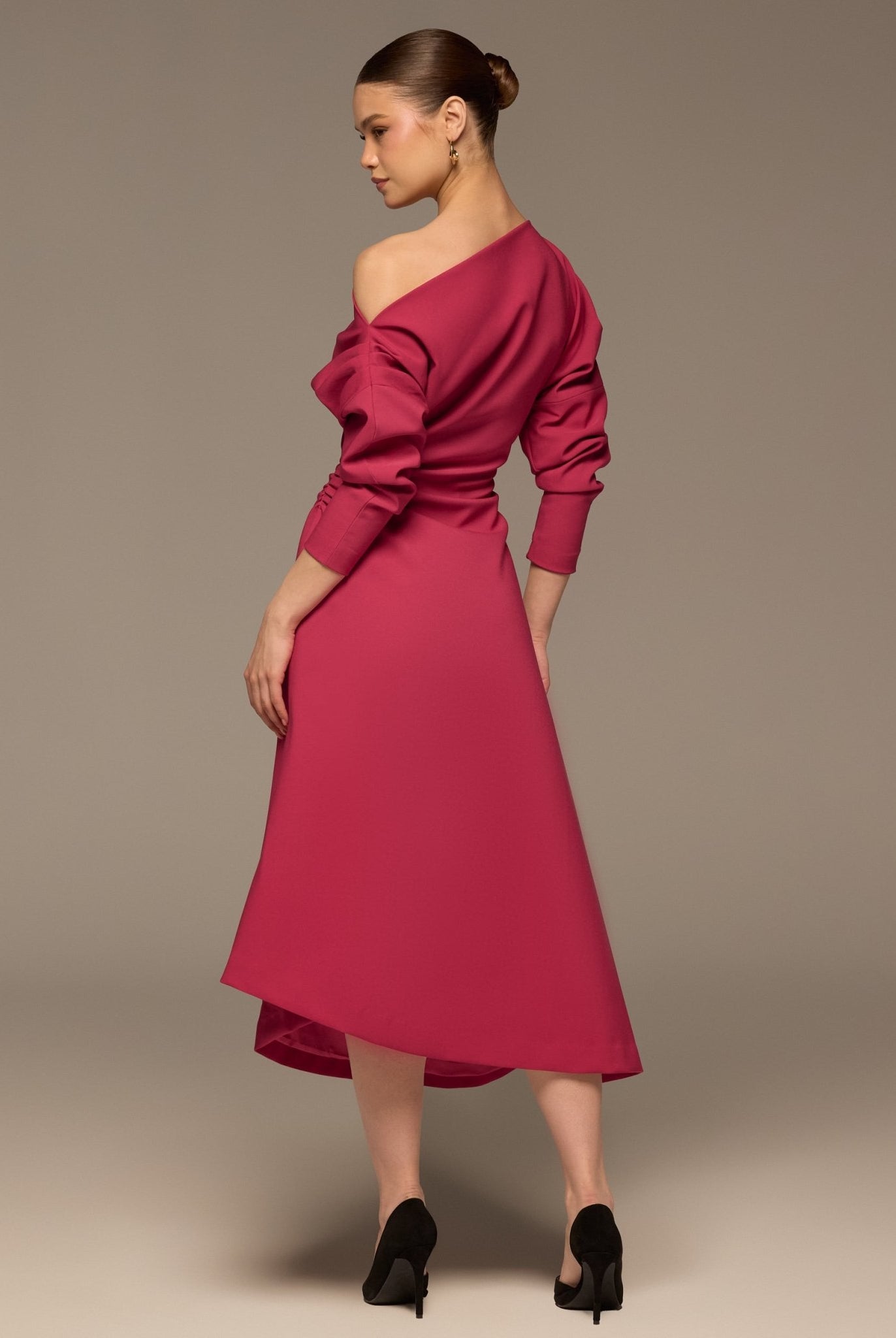 Fuchsia Asymmetric Off Shoulder Maxi Dress - shopaleena