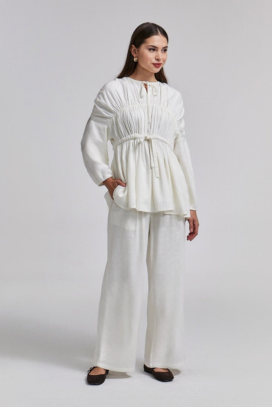 Gathered Long Sleeve Blouse - shopaleena