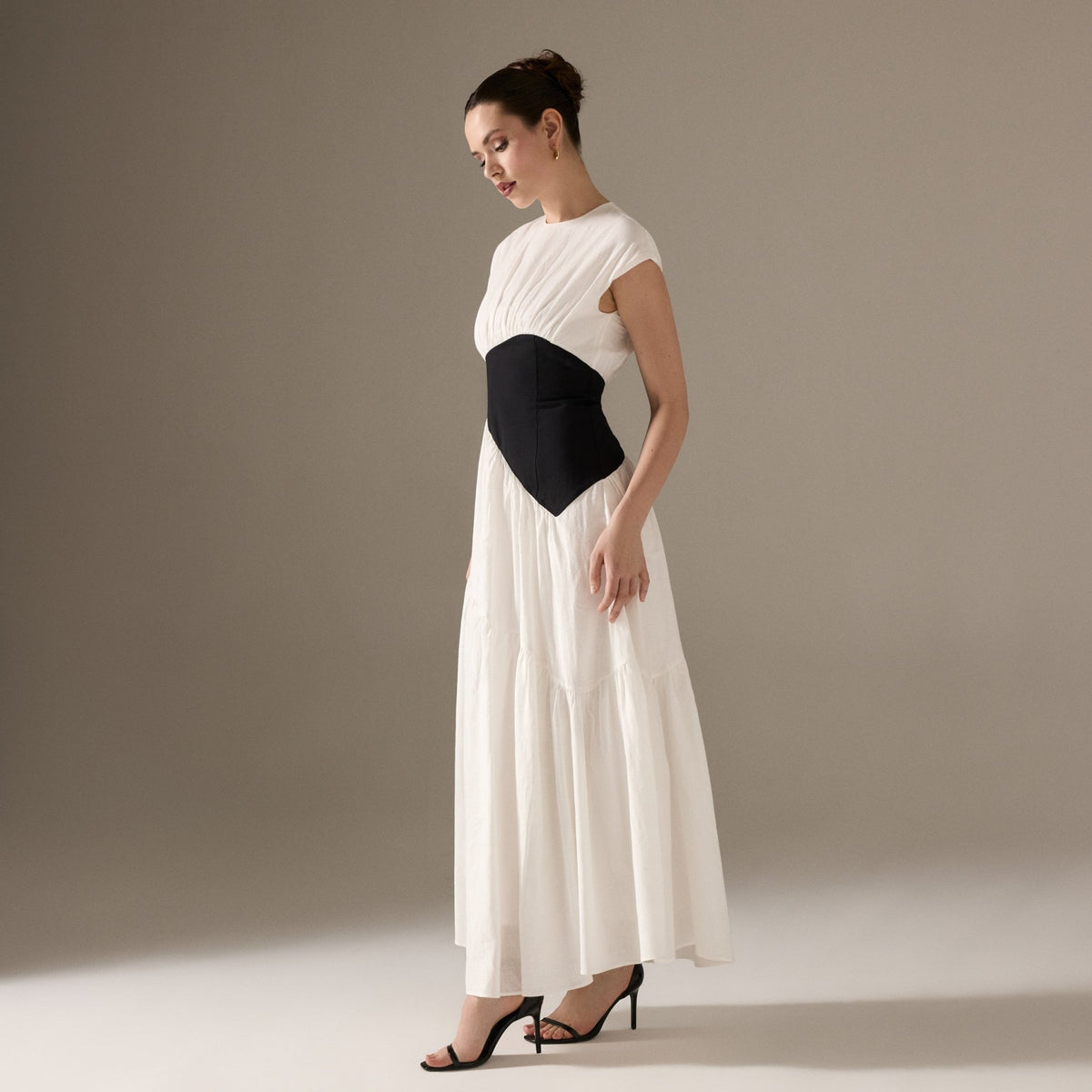 White Gathered Linen Waist A-Line Maxi Dress – shopaleena