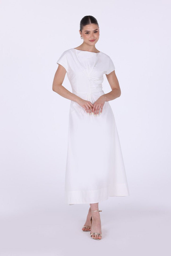 Gathered Waist Maxi Dress with Pleated Satin - shopaleena