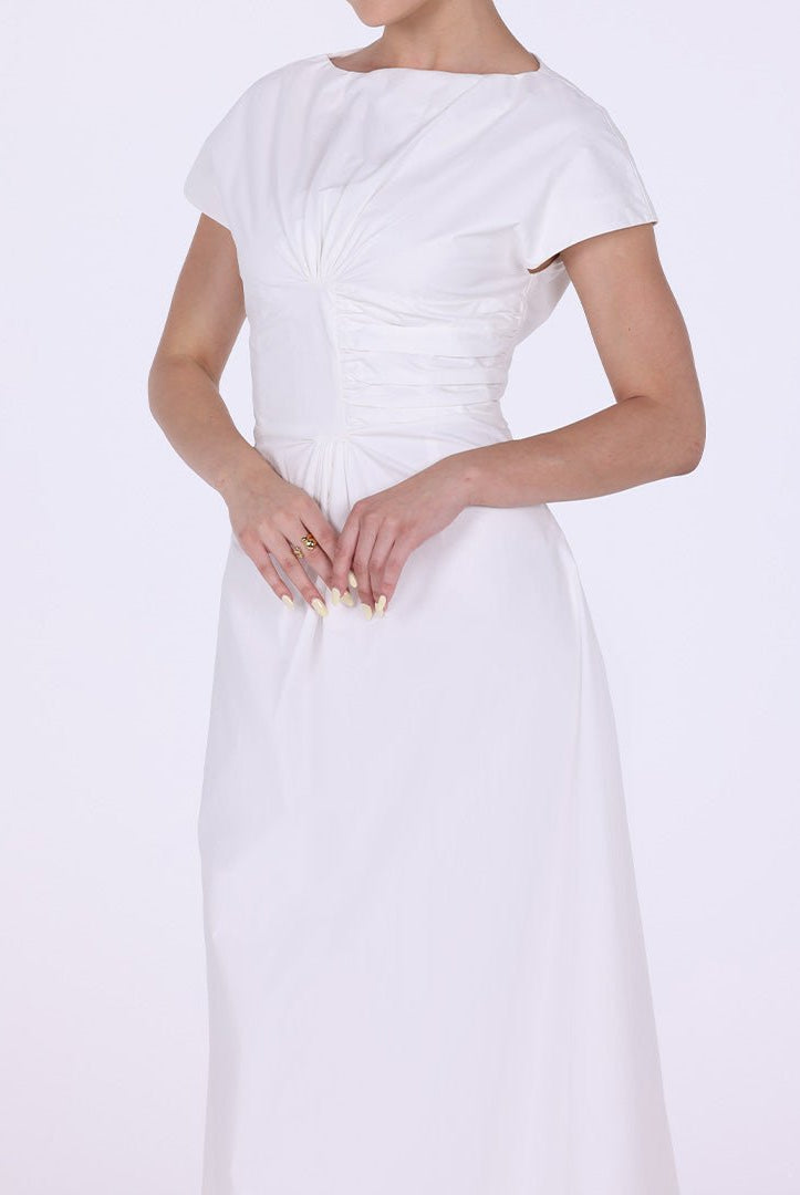 Gathered Waist Maxi Dress with Pleated Satin - shopaleena