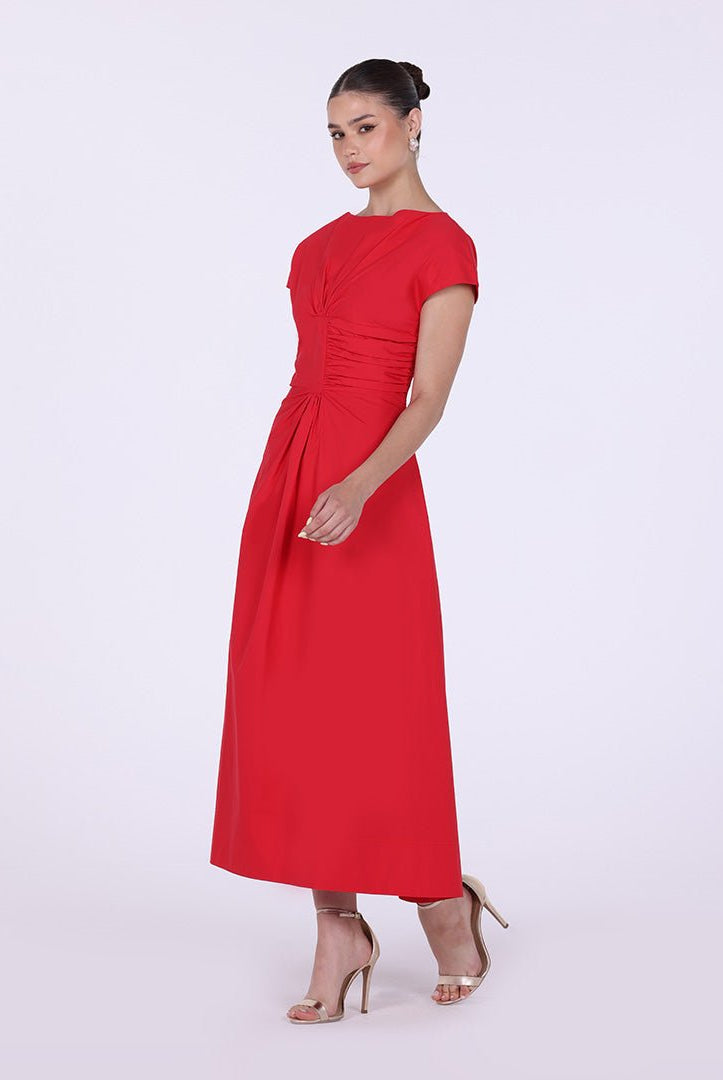 Gathered Waist Maxi Dress with Pleated Satin - shopaleena