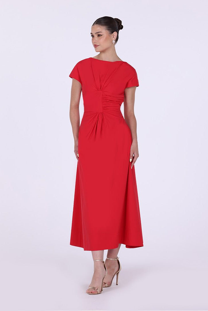 Gathered Waist Maxi Dress with Pleated Satin - shopaleena