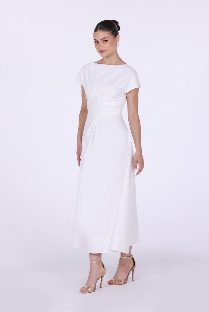 Gathered Waist Maxi Dress with Pleated Satin - shopaleena