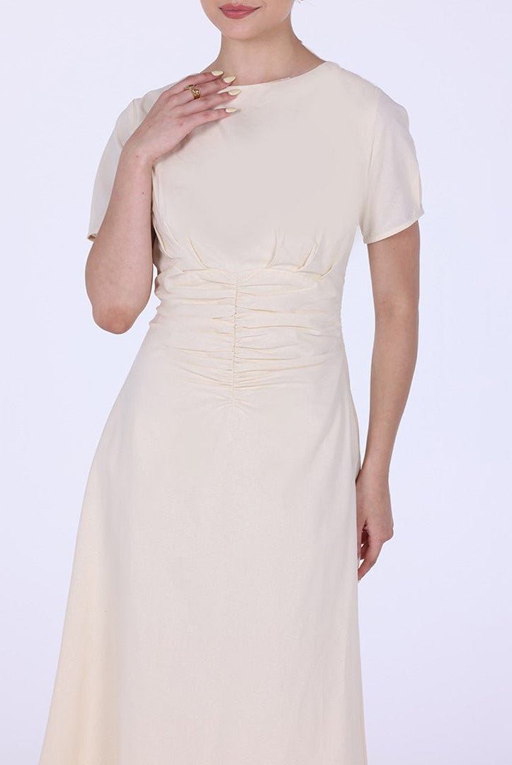 Gathered Waist Short Sleeves Linen Dress - shopaleena