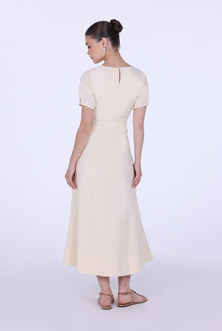 Gathered Waist Short Sleeves Linen Dress - shopaleena