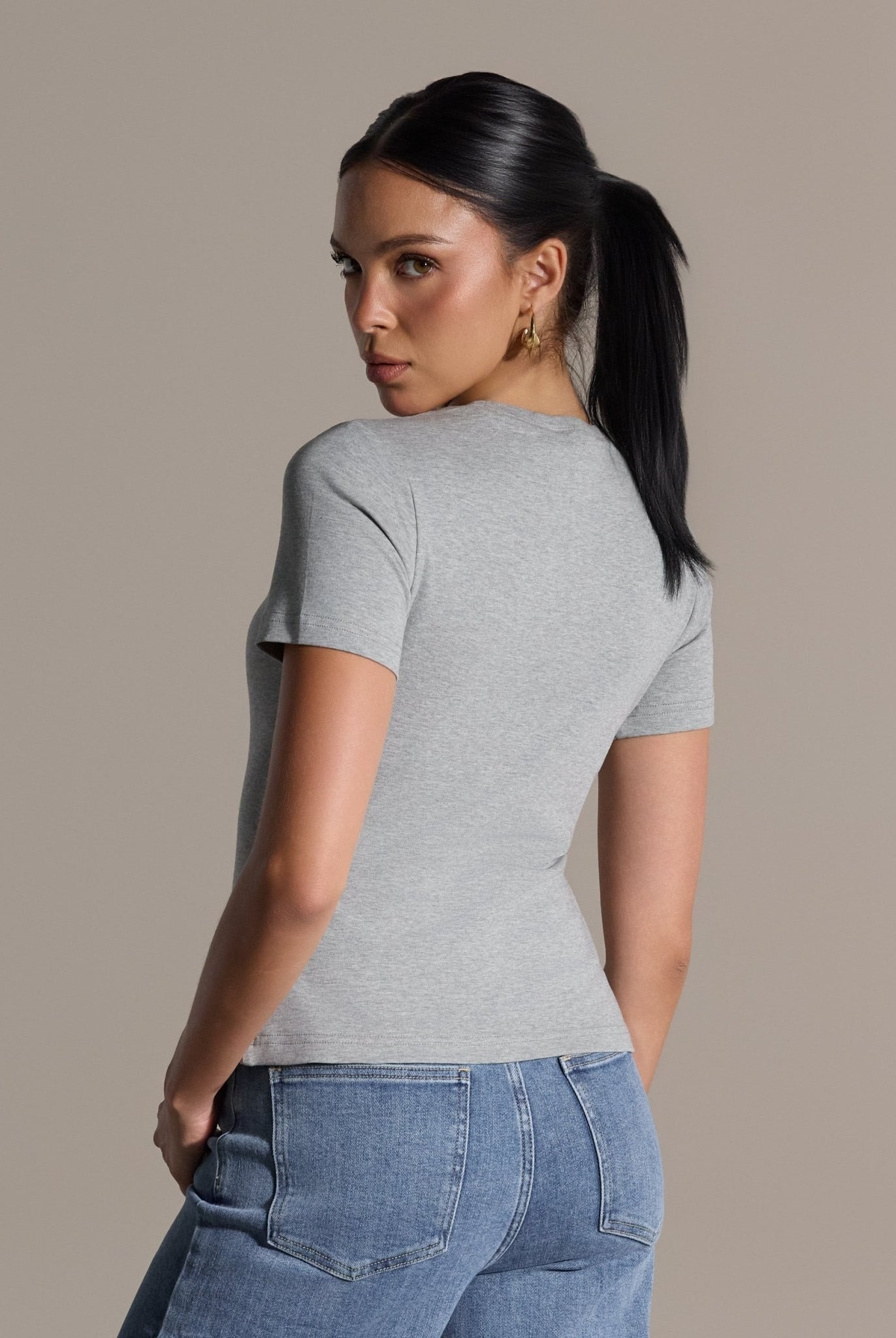 Gray Crew Neck Fitted T-Shirt - shopaleena