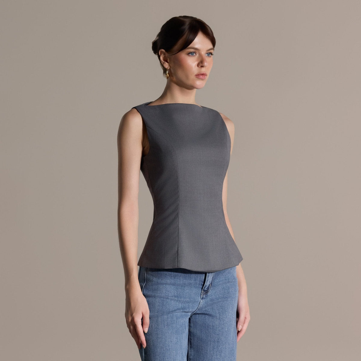 Gray Sleeveless Boat Neck Peplum Top - shopaleena