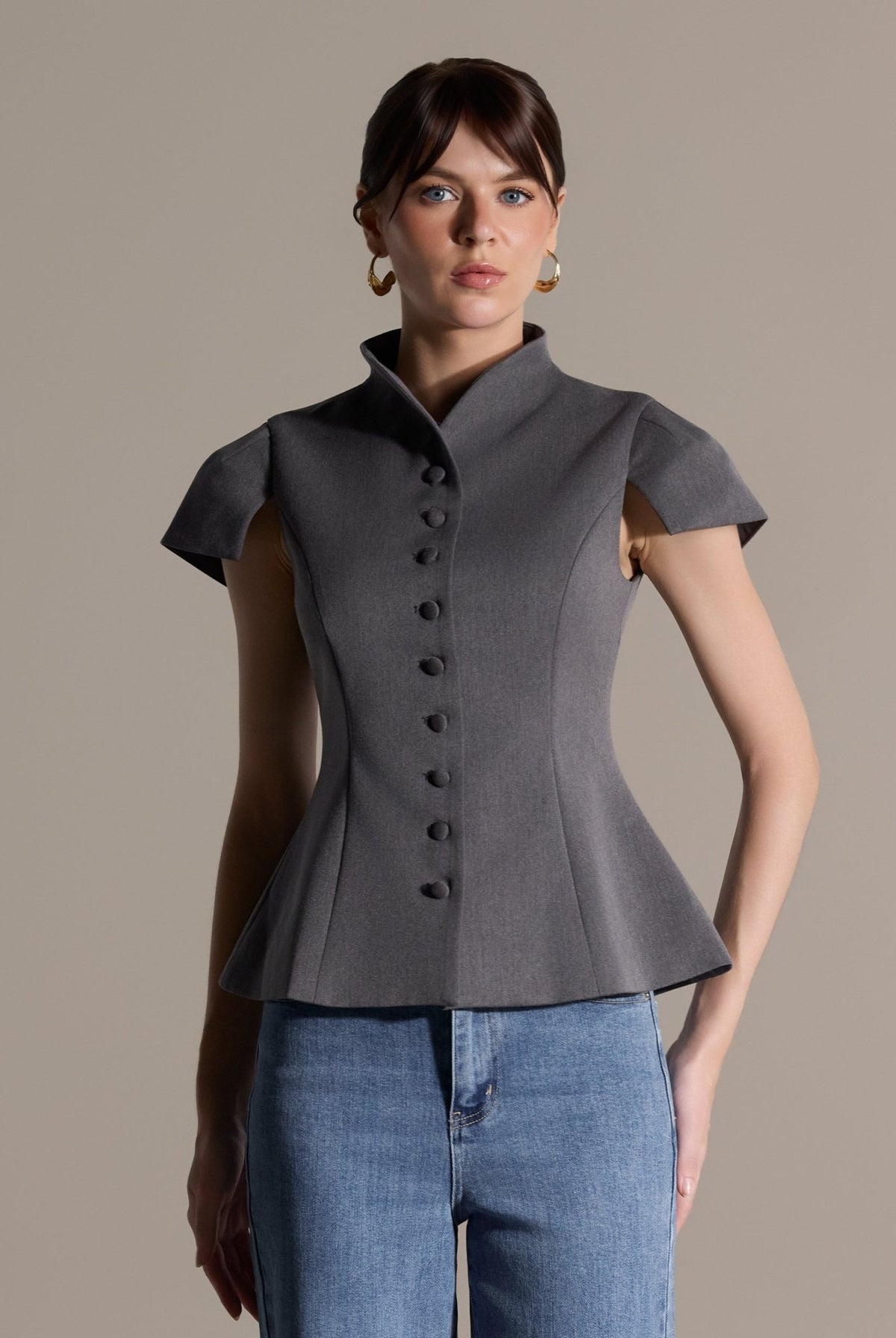 Gray Stand Collar Peplum Blouse - shopaleena