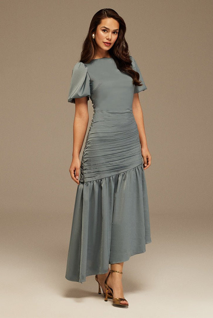 Grayish Blue Puff Short Sleeves With Asymmetrical Hem Dress - shopaleena