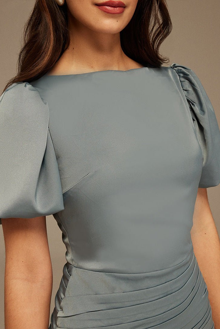 Grayish Blue Puff Short Sleeves With Asymmetrical Hem Dress - shopaleena