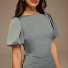Grayish Blue Puff Short Sleeves With Asymmetrical Hem Dress - shopaleena