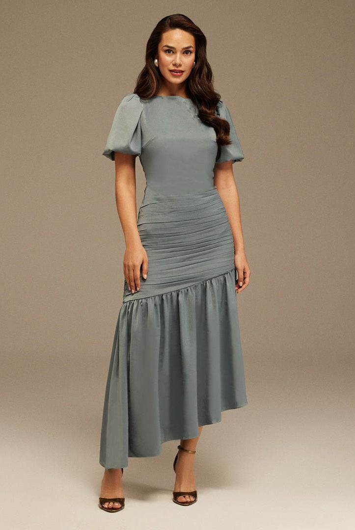 Grayish Blue Puff Short Sleeves With Asymmetrical Hem Dress - shopaleena