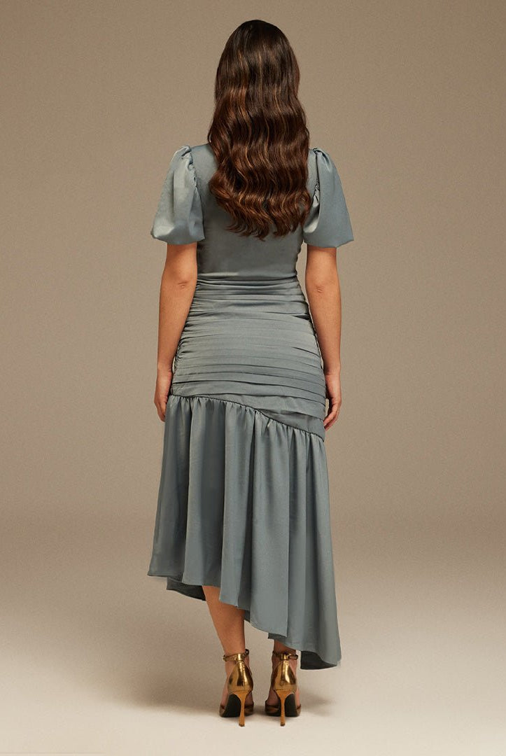 Grayish Blue Puff Short Sleeves With Asymmetrical Hem Dress - shopaleena