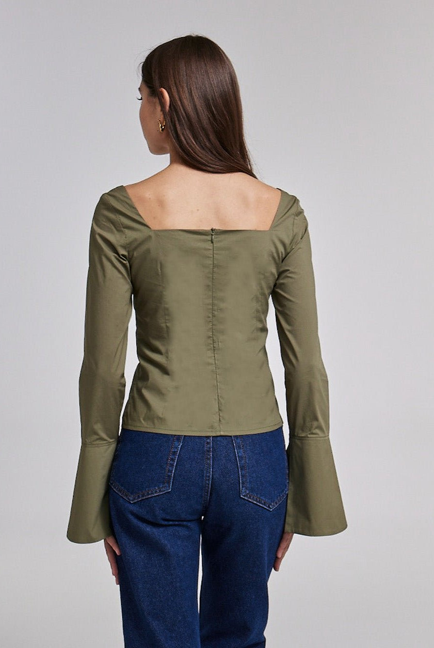 Green Cotton Square Neck Long Sleeve Top - shopaleena