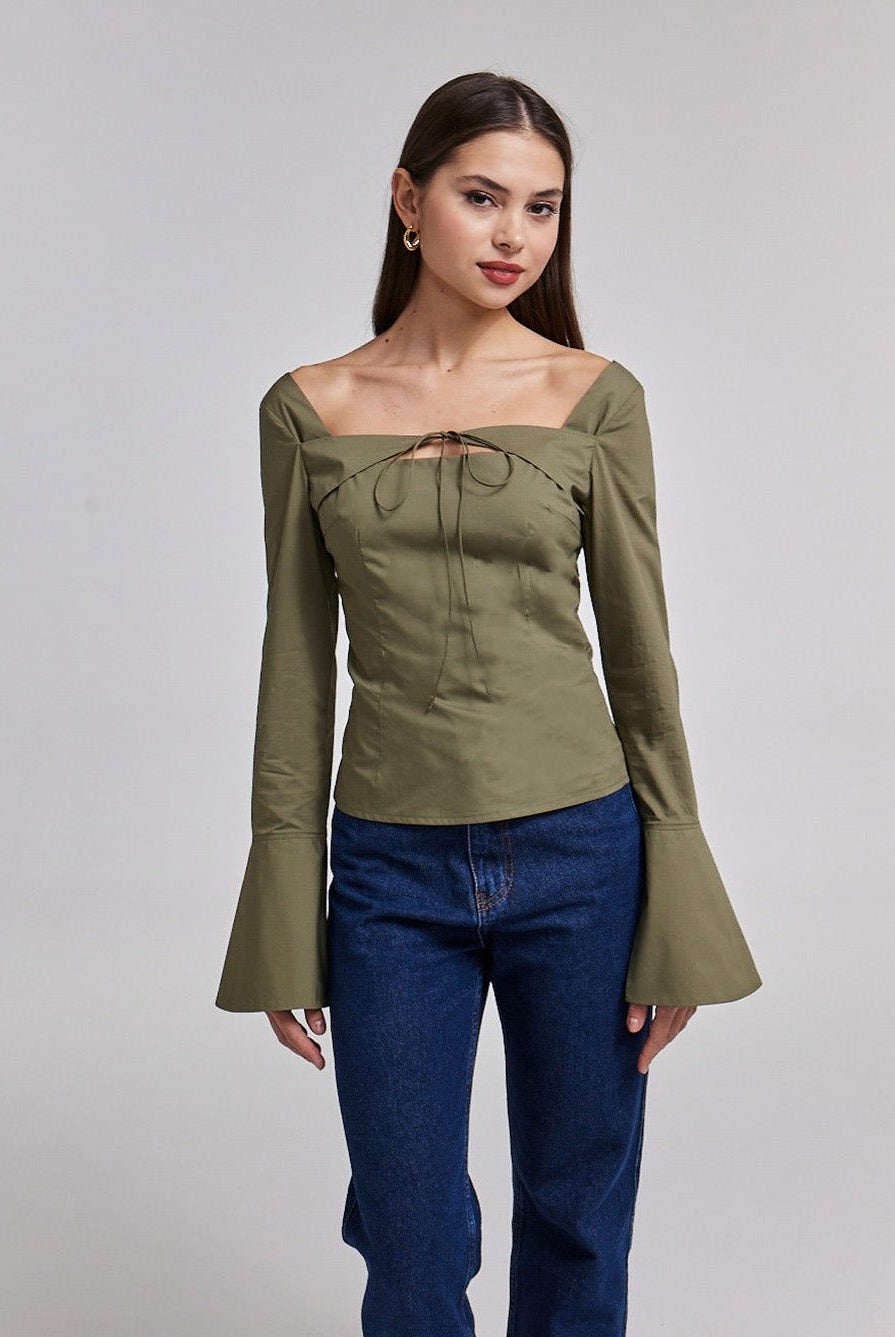 Green Cotton Square Neck Long Sleeve Top - shopaleena