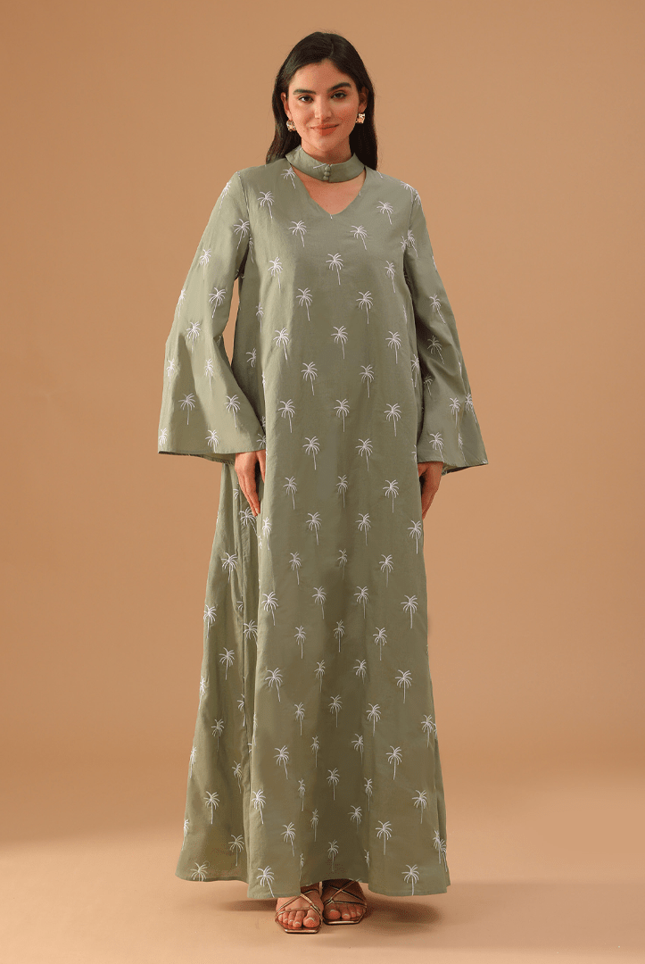 Green Fully Embroidered Long Sleeve Kaftan - shopaleena