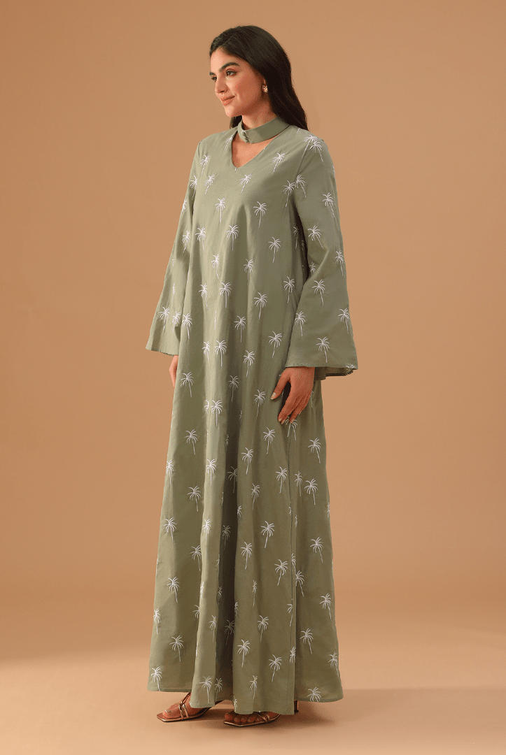 Green Fully Embroidered Long Sleeve Kaftan - shopaleena