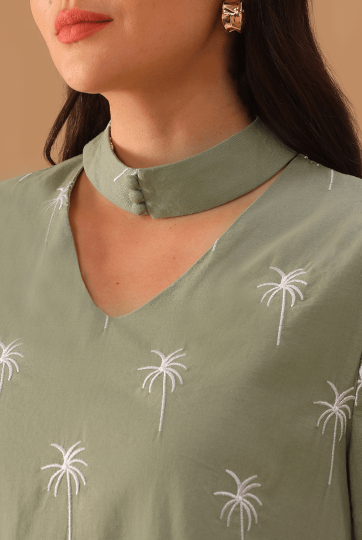 Green Fully Embroidered Long Sleeve Kaftan - shopaleena