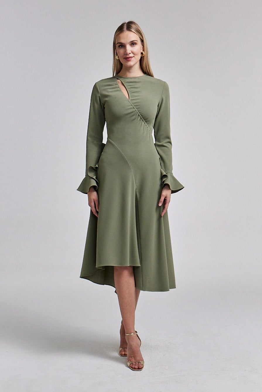 Green Gathered Chest Crepe Midi Dress - shopaleena