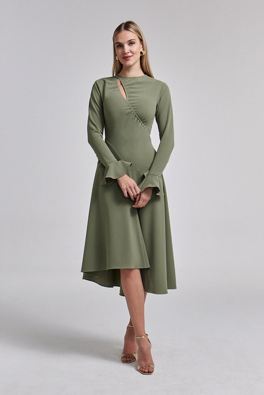 Green Gathered Chest Crepe Midi Dress - shopaleena