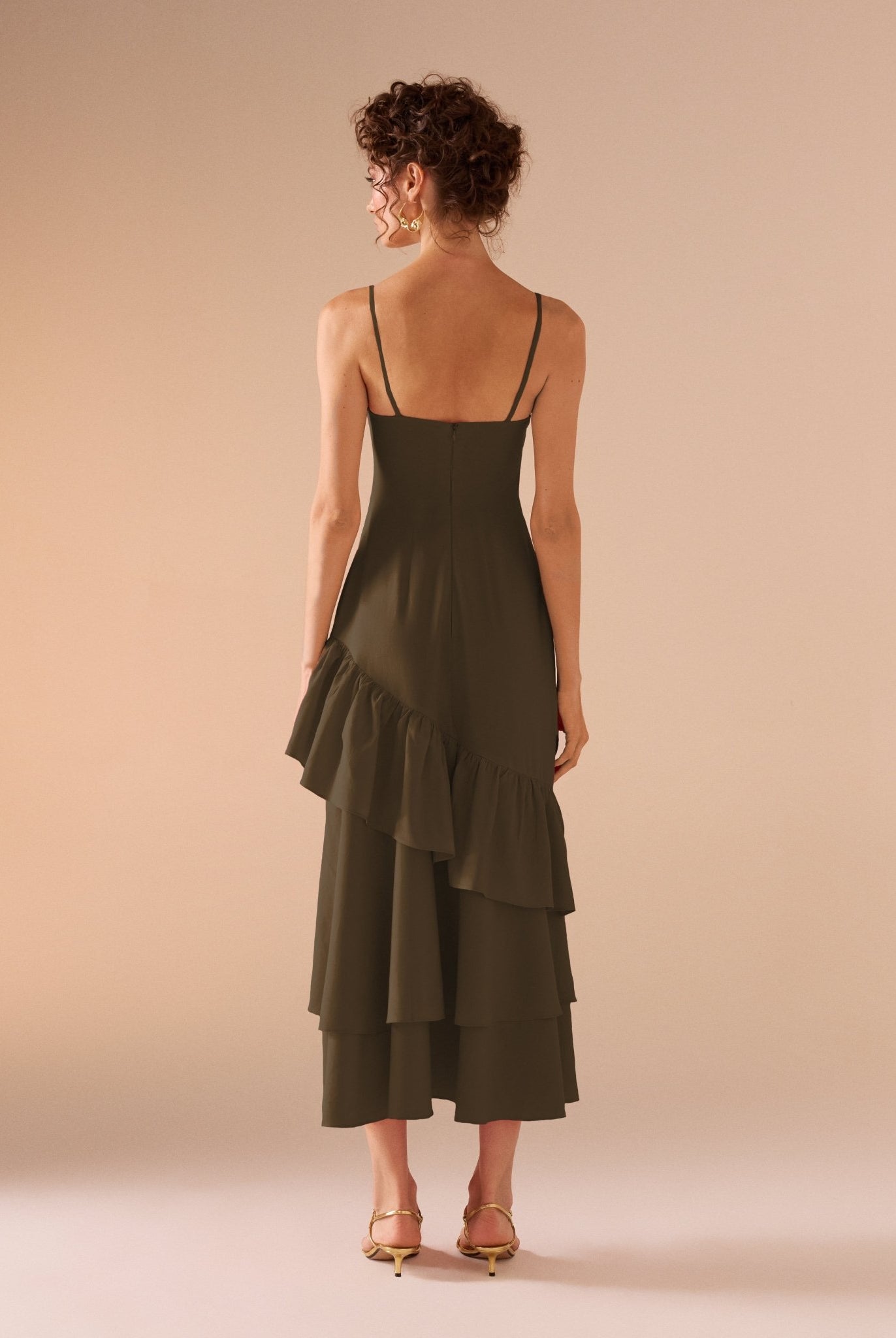 Green Linen Dress With Ruffled Skirt - shopaleena