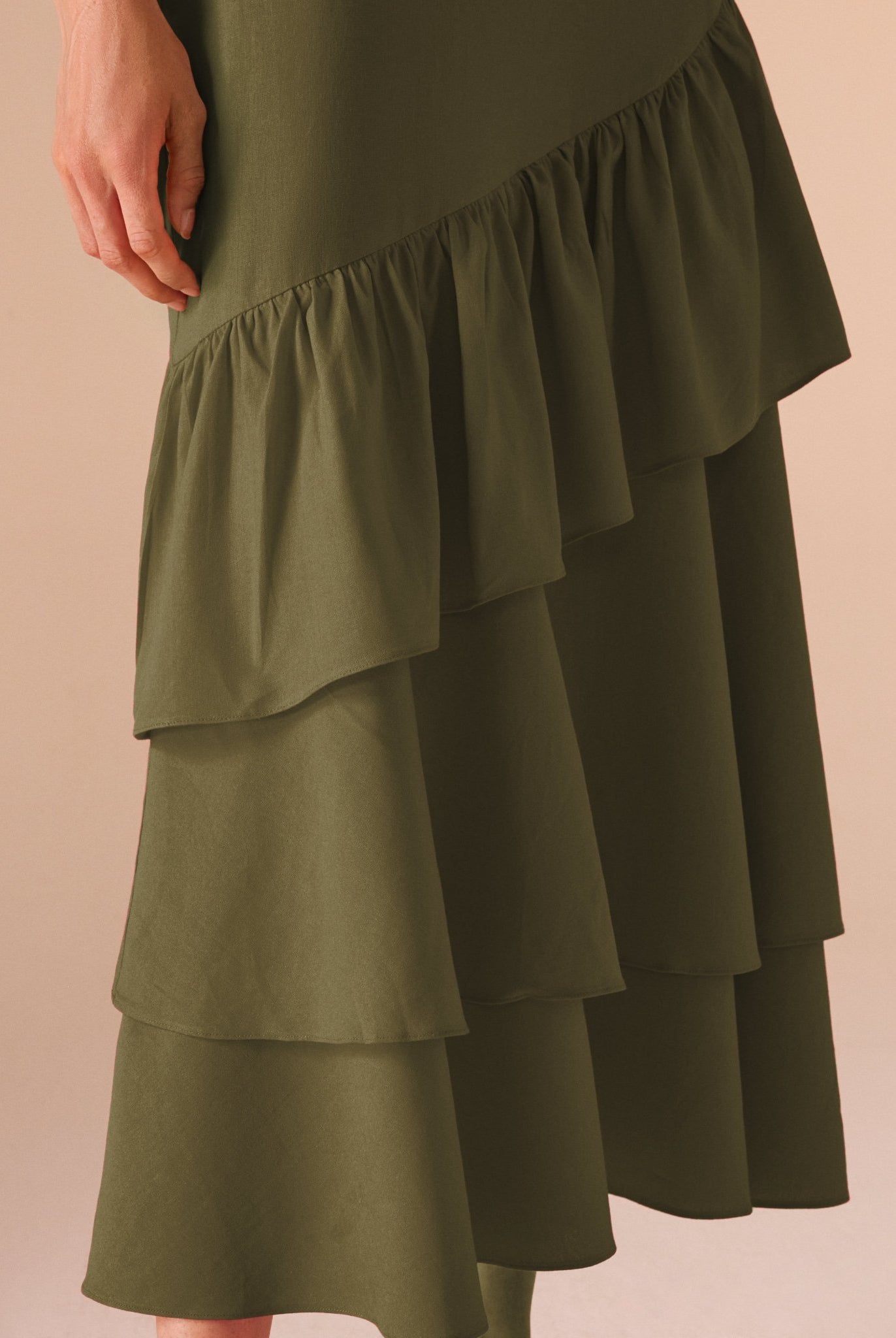 Green Linen Dress With Ruffled Skirt - shopaleena