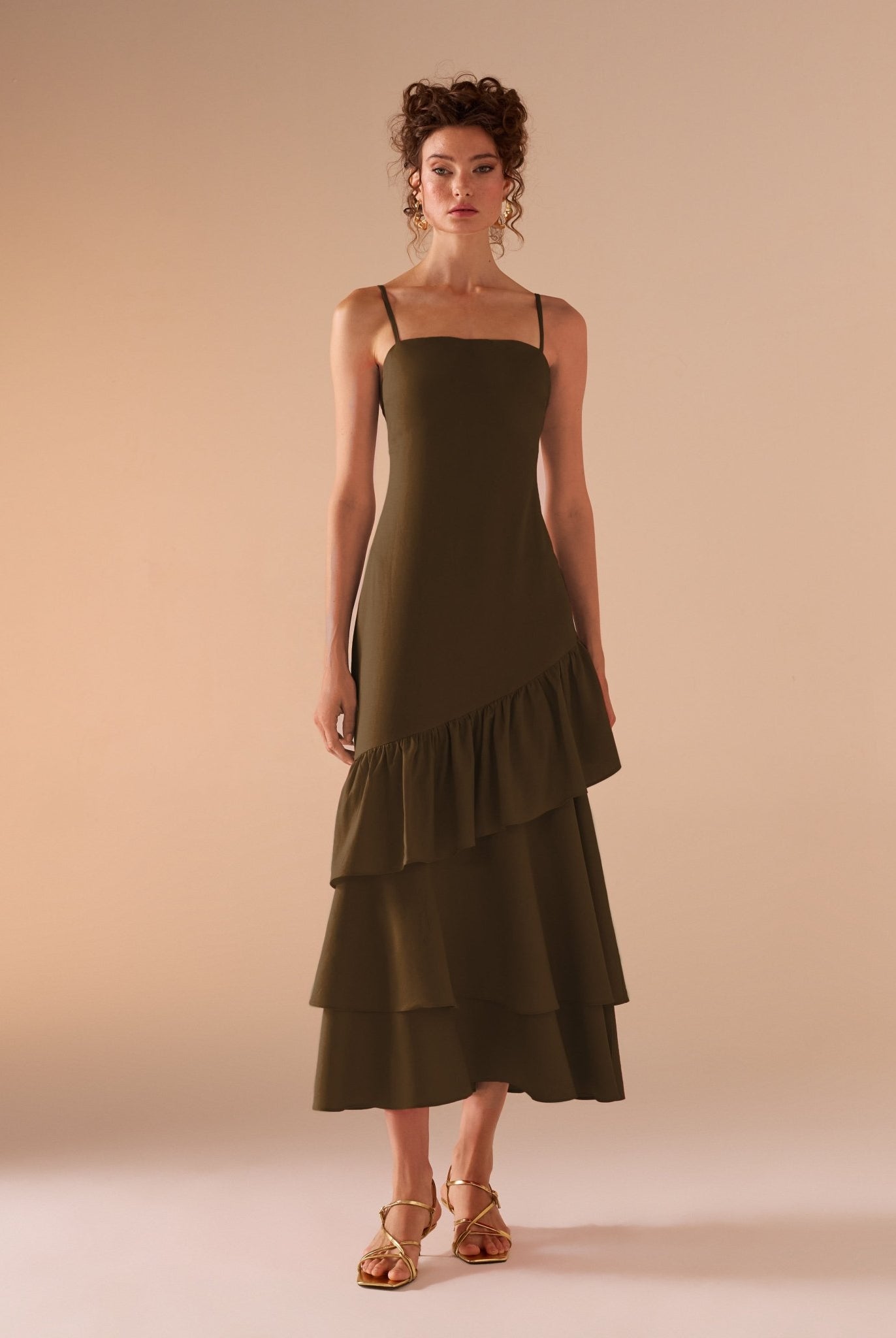 Green Linen Dress With Ruffled Skirt - shopaleena