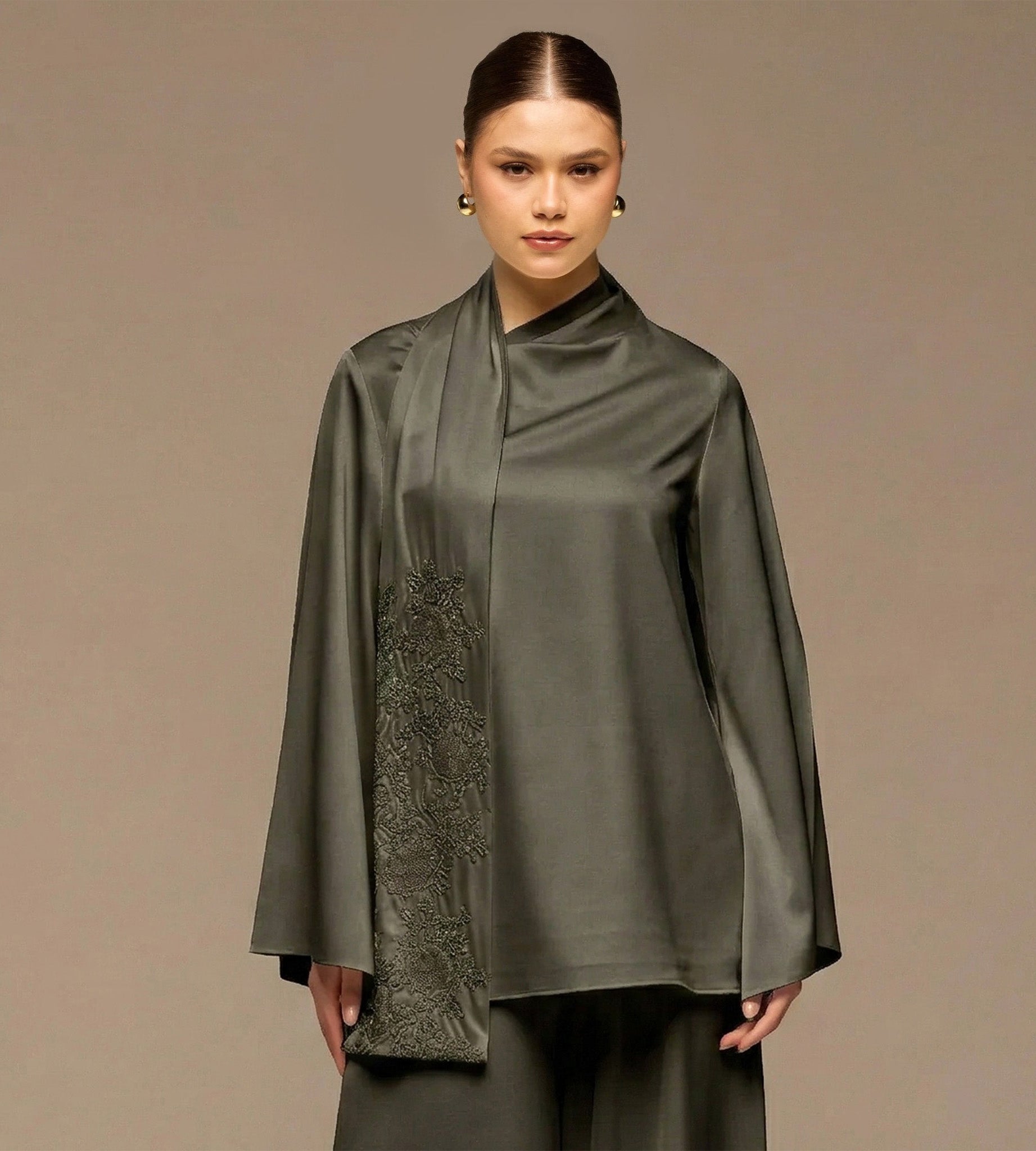 Green Loose Fit Long Sleeve Satin Blouse - shopaleena