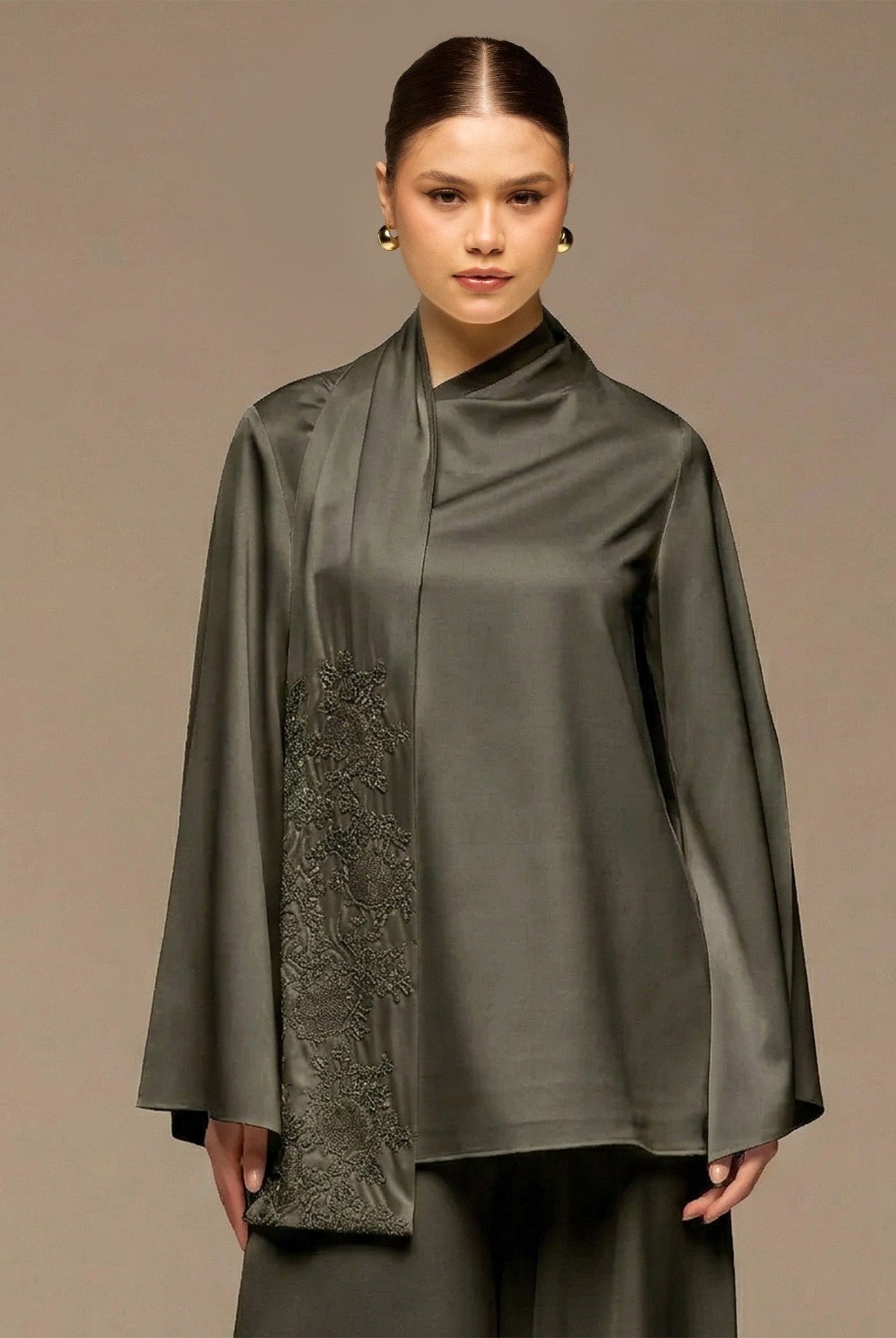 Green Loose Fit Long Sleeve Satin Blouse - shopaleena