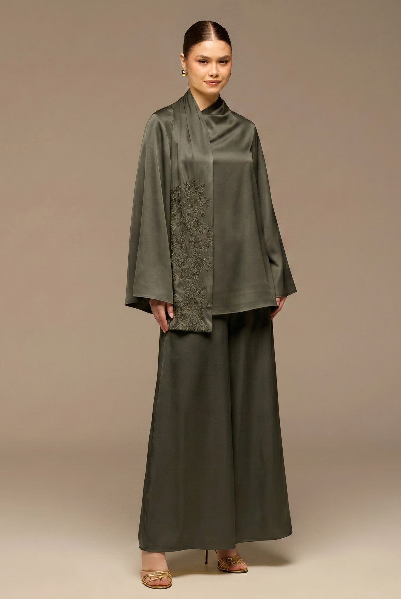 Green Loose Fit Long Sleeve Satin Blouse - shopaleena